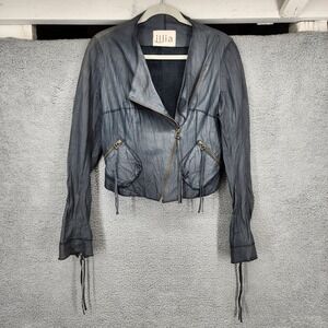 illia Leather Moto Jacket Asymmetrical Zip Raw Edge Blue Gray Size 10 USA